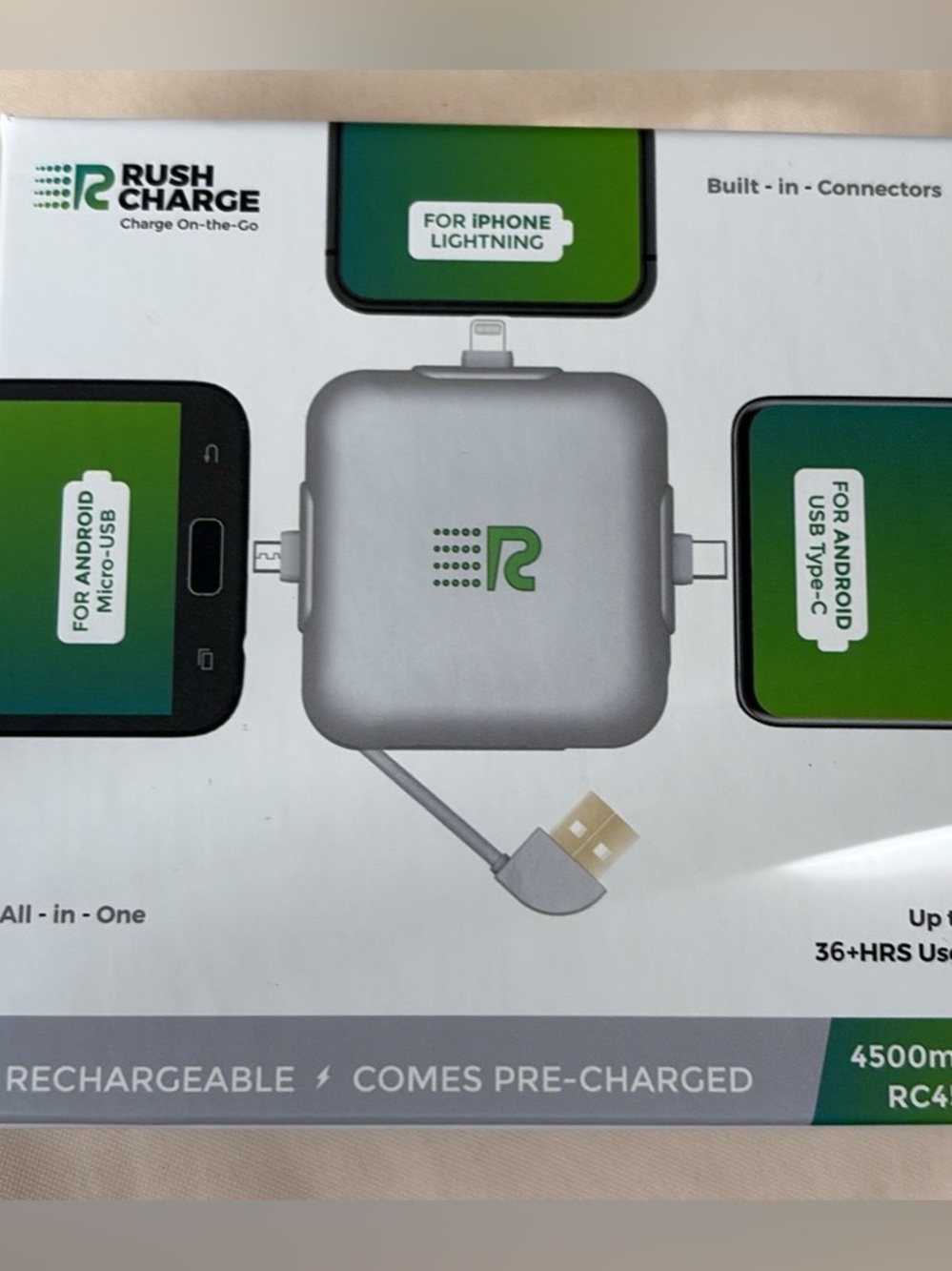 Silver 4-in-1 Portable Power Bank with Built-In Connectors